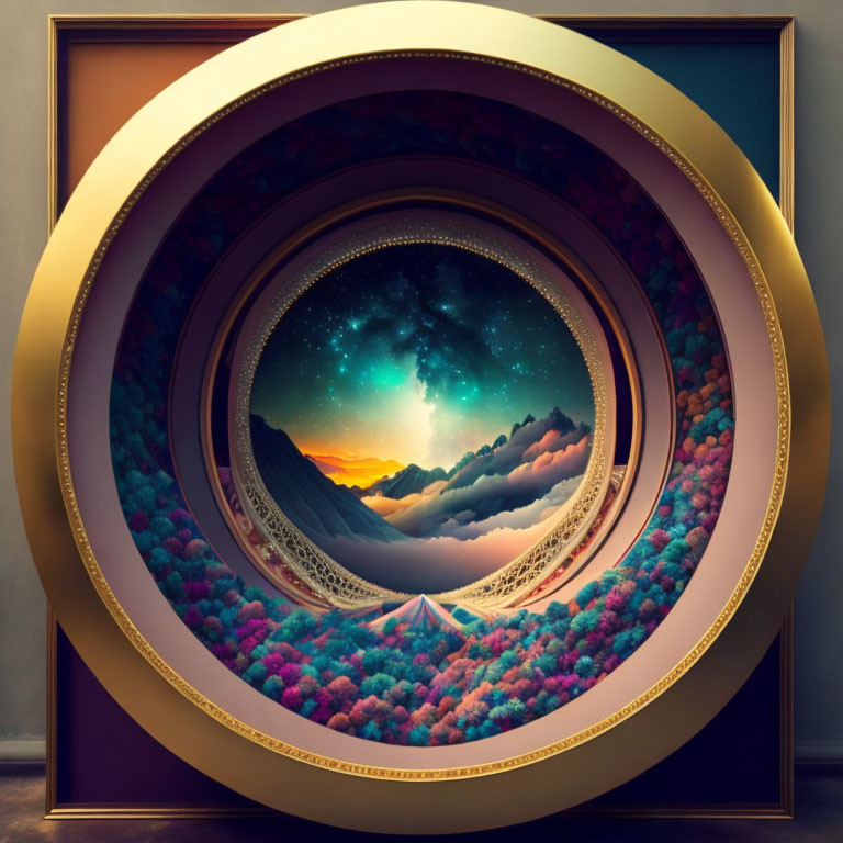 Circular surreal artwork featuring concentric frames leading to vibrant cosmic landscape.