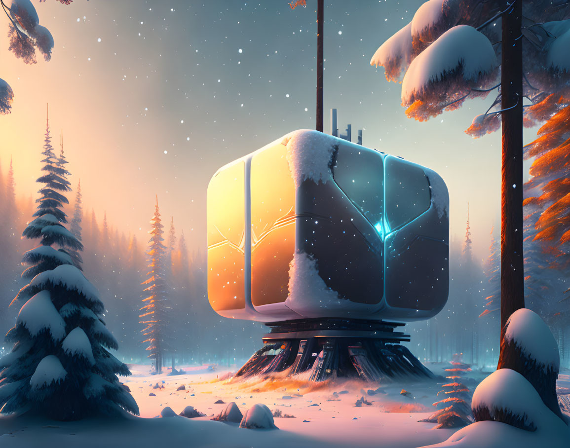 Futuristic cube-shaped building in snowy forest with falling snowflakes