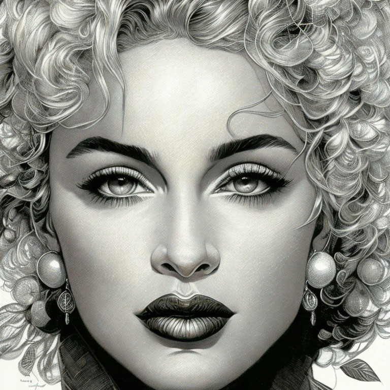 Detailed Black and White Portrait of Woman with Curly Hair