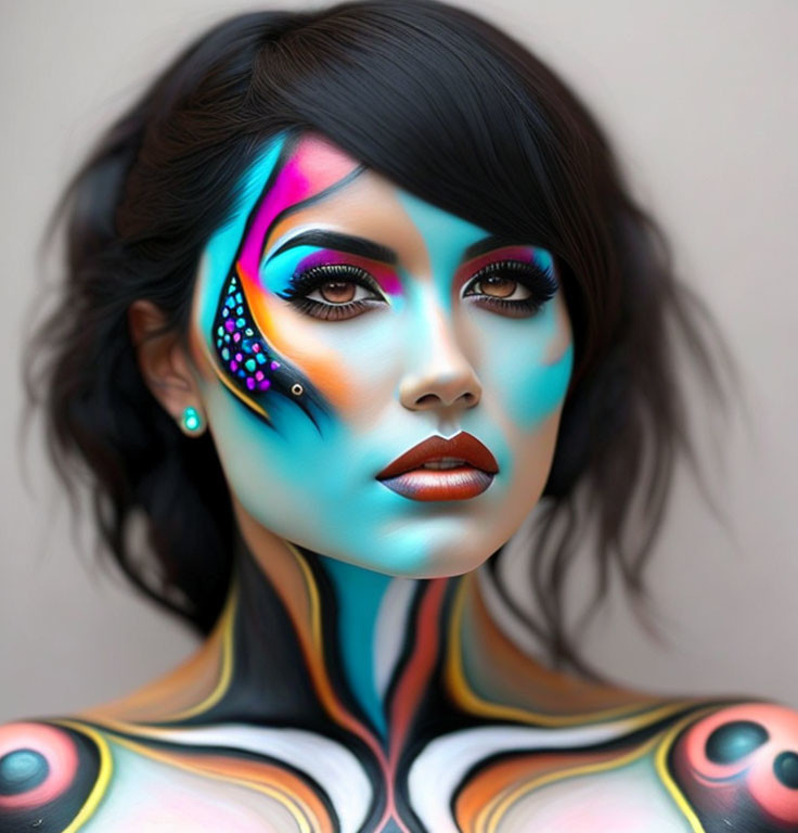 Colorful Digital Portrait of Woman with Dramatic Face and Body Art