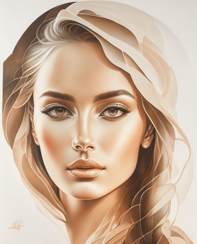 Detailed digital portrait of a woman with prominent features and flowing hair