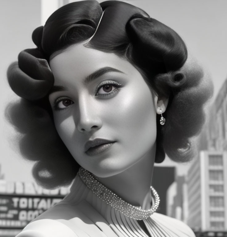 Monochrome portrait of a woman with vintage wave hairstyle and pearl jewelry against cityscape.