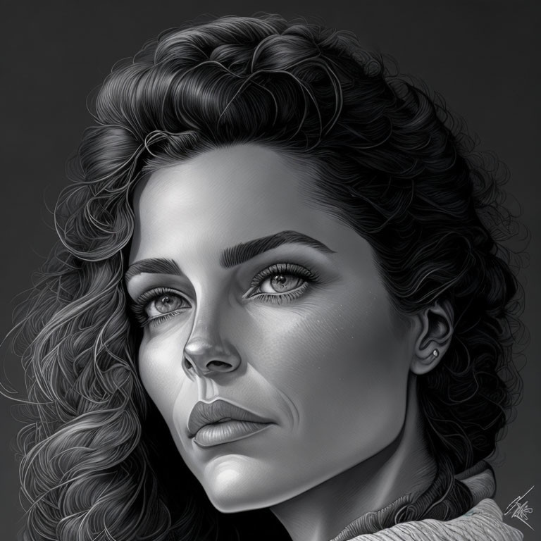 Monochrome digital portrait of a woman with curly hair and piercing eyes