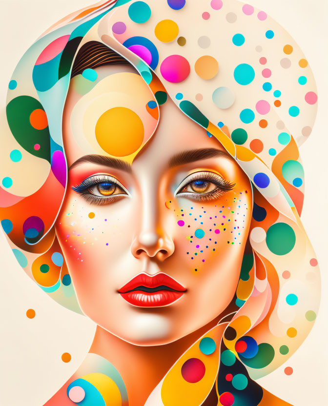 Vibrant digital artwork: Woman's face with swirling abstract patterns