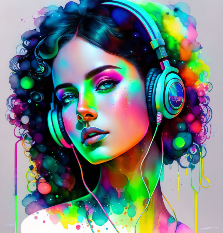 Colorful digital artwork: Woman with headphones in neon paint splatter environment