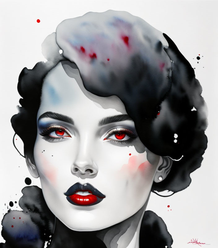 Monochromatic woman with red lips and inkblot hair effect