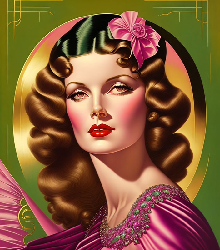 Woman with Wavy Hair and Pink Rose in Vintage Glamour Illustration