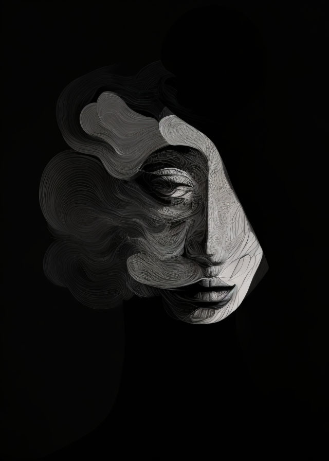 Monochromatic abstract portrait with wavy lines on black background