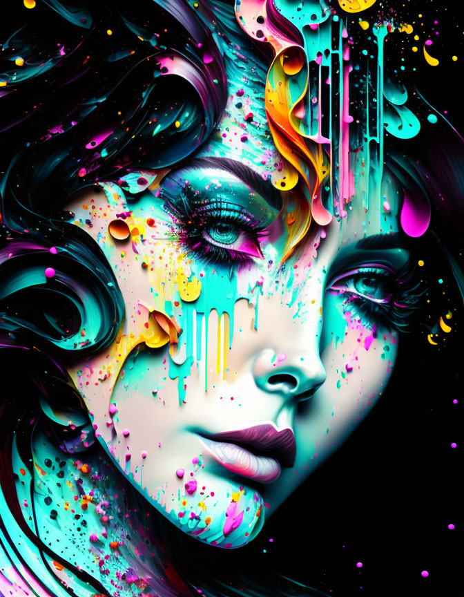 Colorful digital artwork: Woman's face with neon paint drips & abstract elements