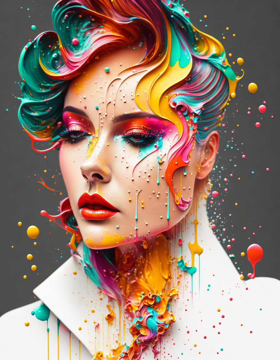 Colorful digital art portrait of a woman with flowing multicolored paint.