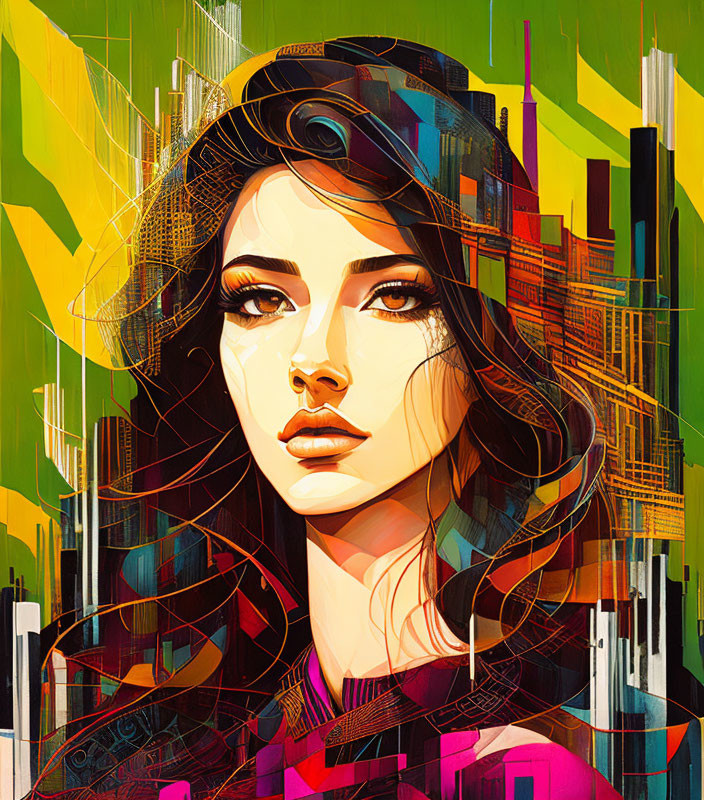 Vibrant abstract portrait of a woman with urban skyline in hair