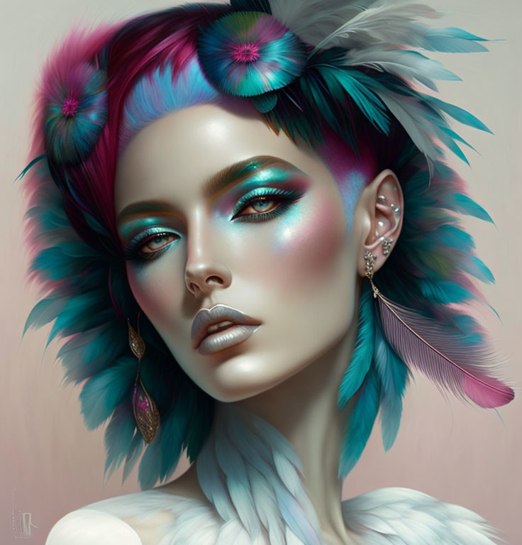 Colorful digital portrait: Woman with multicolored hair, teal eyeshadow, feathers