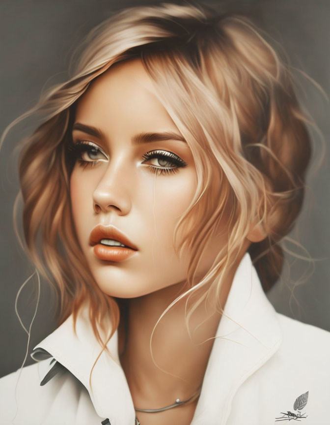 Digital portrait of woman with blonde wavy hair, white shirt, and necklace