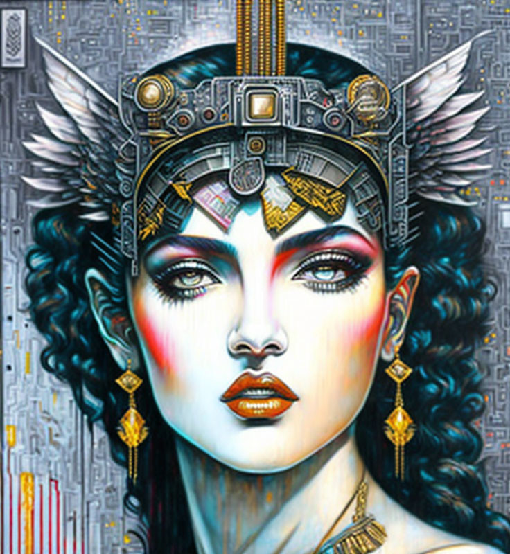 Digital artwork: Woman with cybernetic features, feathered headpiece, gold jewelry, geometric background