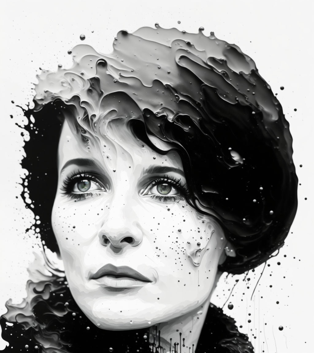 Monochrome portrait: Woman with liquid hair dissolving into droplets