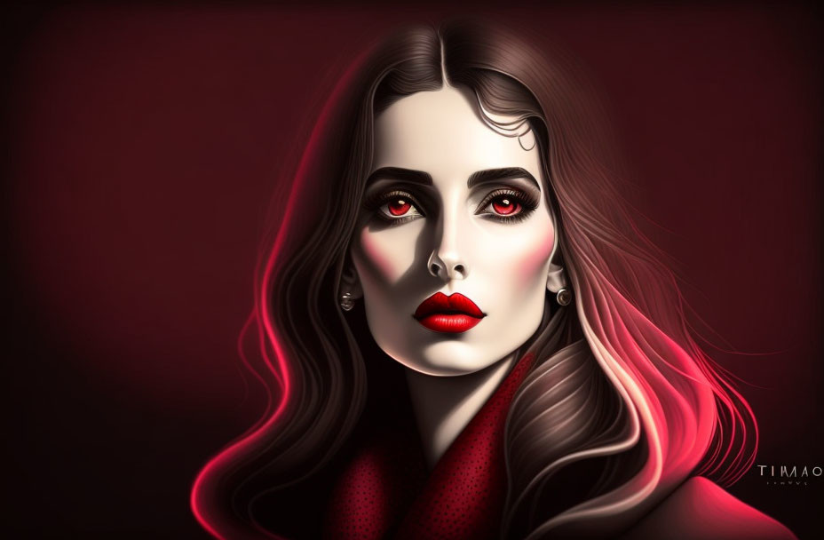 Digital portrait: Pale-skinned woman with dark hair, red eyes, and bold lipstick on dark-red