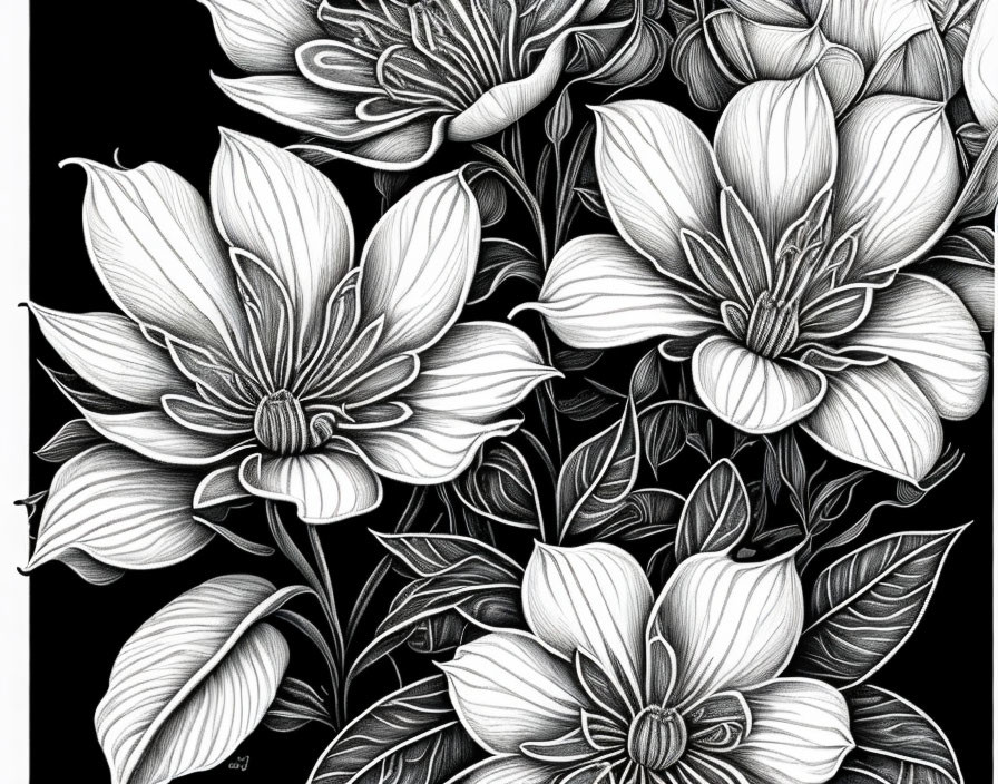 Detailed grayscale illustration of layered flowers with intricate line work and shading