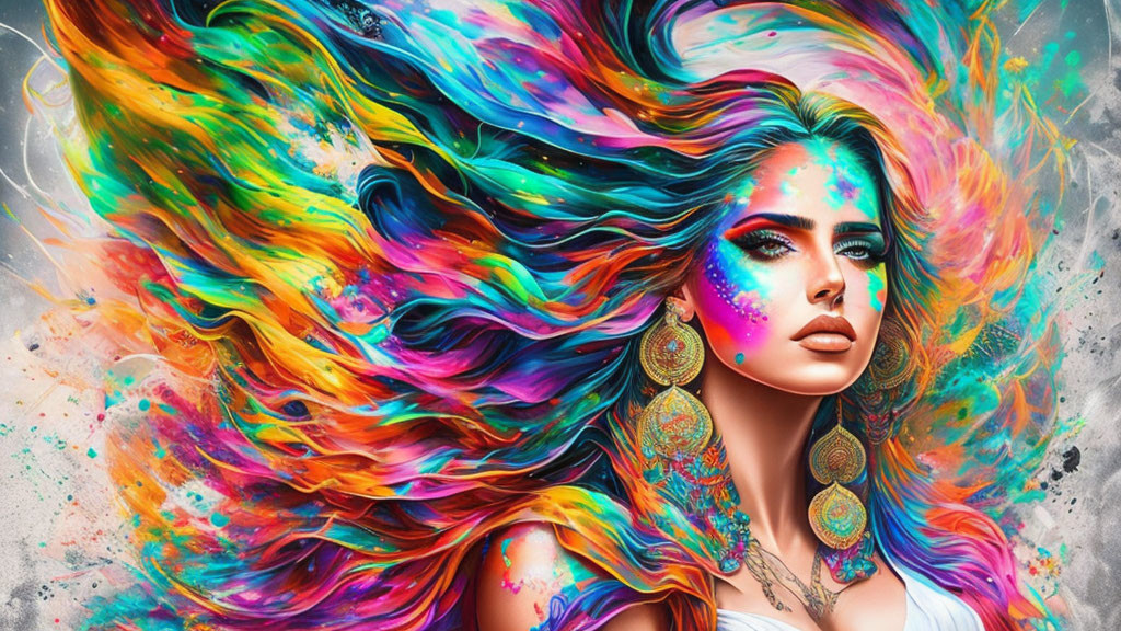 Colorful digital artwork: Woman with flowing multicolored hair and vibrant makeup