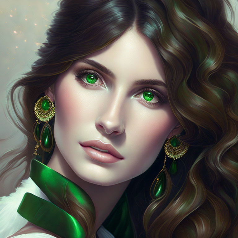 Realistic digital portrait of a woman with vivid green eyes and wavy brown hair