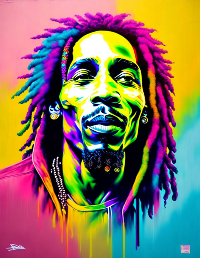 Vibrant portrait featuring person with colorful dreadlocks, earrings, and goatee