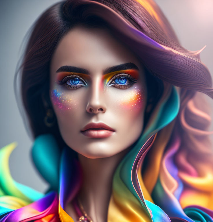 Colorful digital portrait of a woman with rainbow makeup and hair.