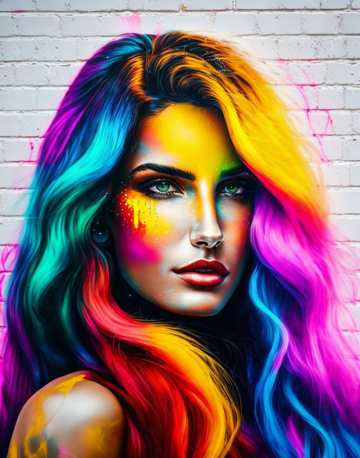 Colorful portrait of woman with multicolored hair and bold makeup on white brick wall