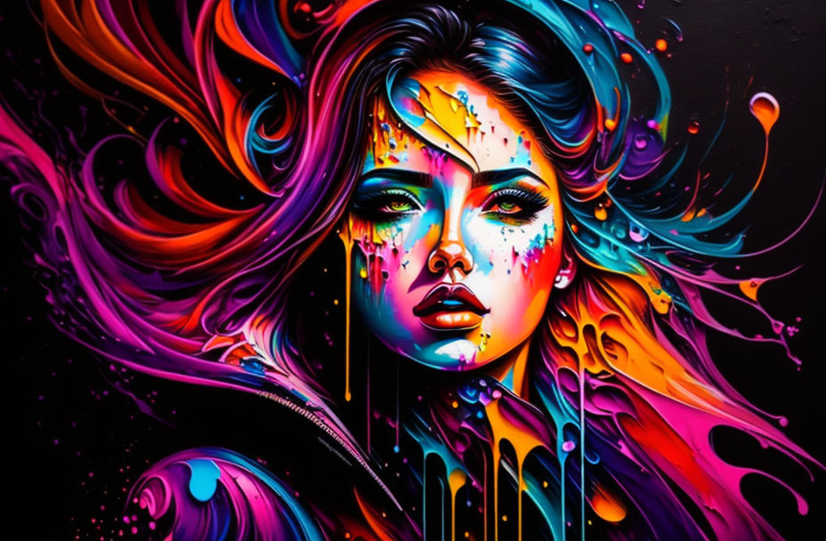 Colorful Woman's Face Artwork with Flowing Hair and Paint Drips