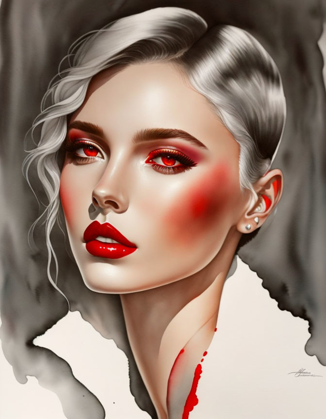 Abstract illustration: woman with red eyes, crimson lips, bold blush, and gray accents