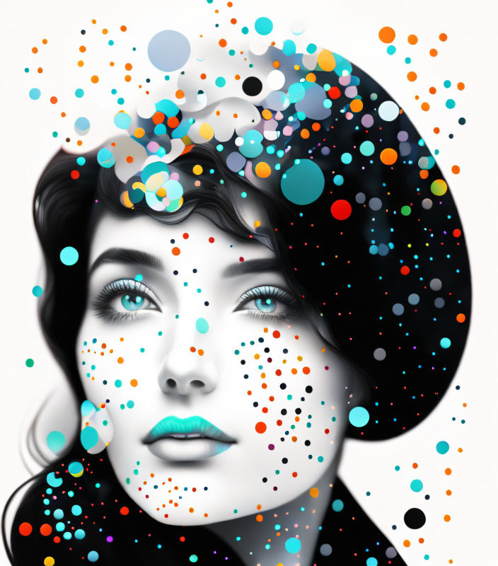 Monochromatic woman portrait with vibrant multicolored dots