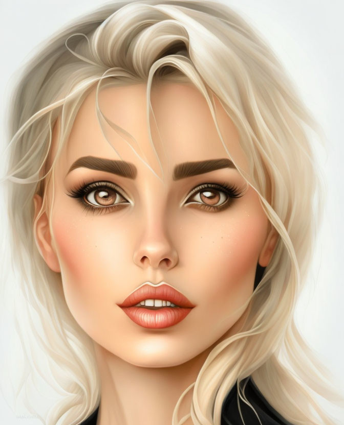 Detailed digital portrait of woman with full lips, brown eyes, and wavy blonde hair