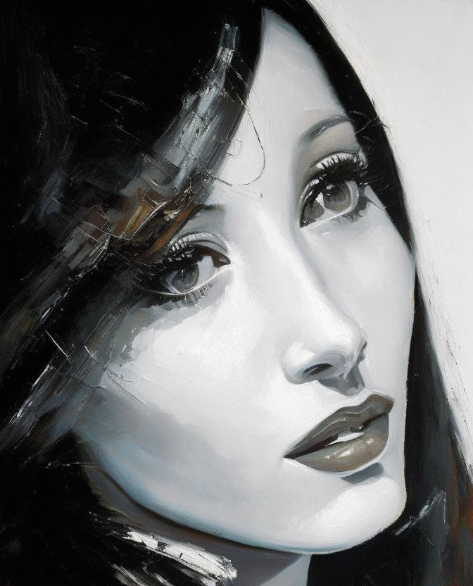 Monochromatic painting of expressive woman's face with striking eyes and full lips.