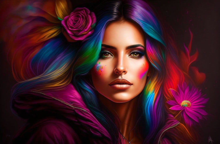 Vibrant digital portrait: woman with rainbow hair, rose, green eyes, vivid makeup.