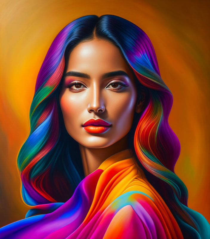 Vibrant digital portrait of woman with multicolored hair on orange backdrop