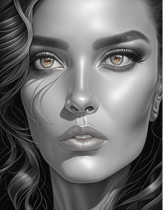 Detailed monochrome digital portrait of a woman with intense gaze and wavy hair.