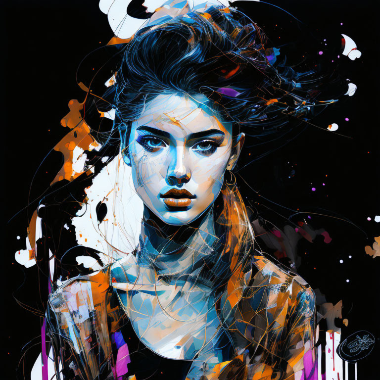 Vibrant digital portrait of a woman with dynamic splashes on dark background