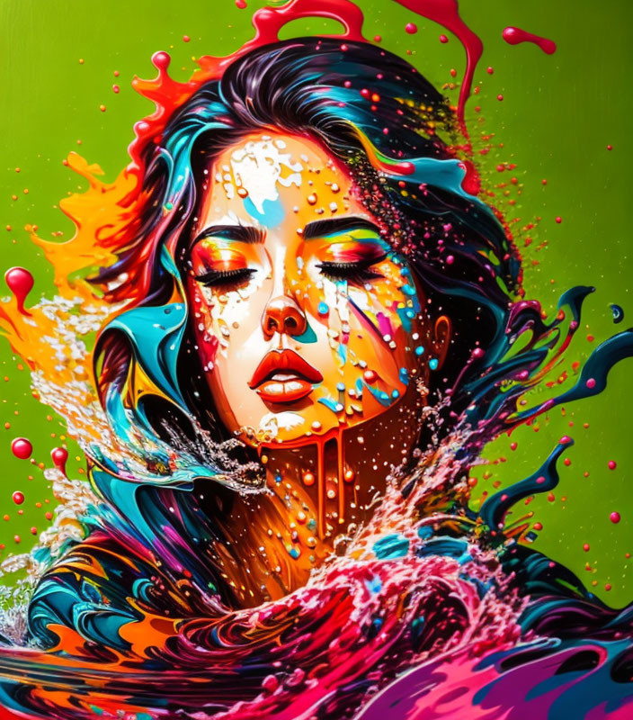 Colorful portrait of a woman with eyes closed surrounded by paint splashes on green background