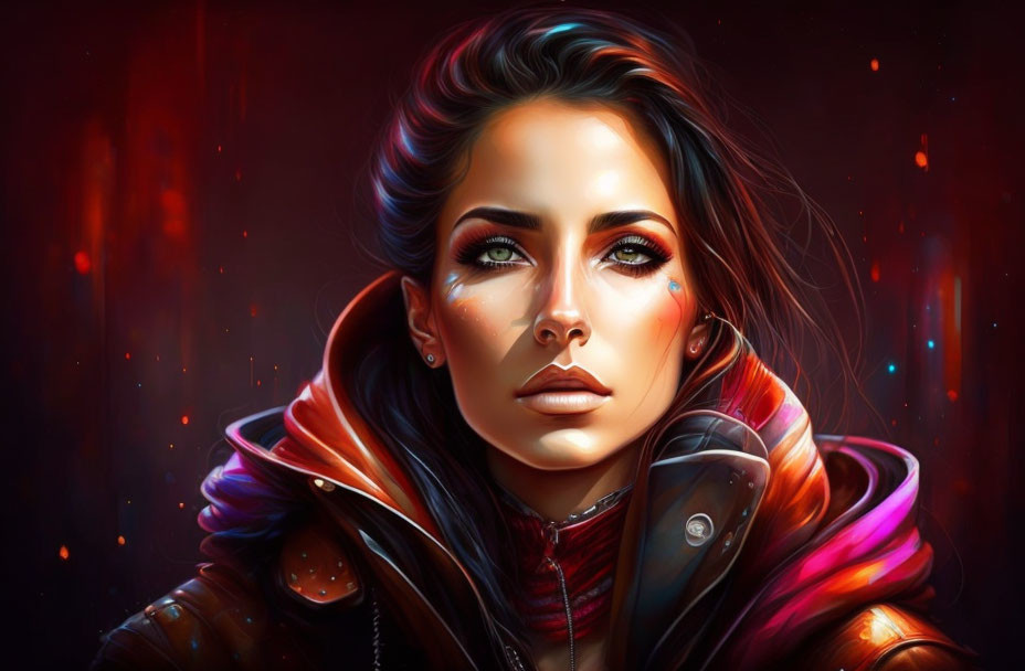 Colorful digital artwork: Woman with glowing skin, rainbow hair, futuristic jacket