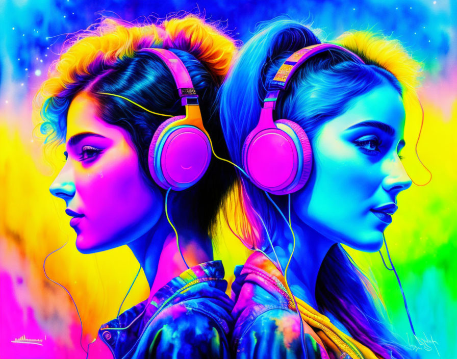 Two women in profile with vibrant neon colors and headphones on starry background