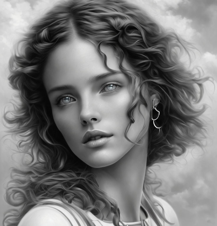 Detailed monochrome portrait of woman with curly hair and intense gaze