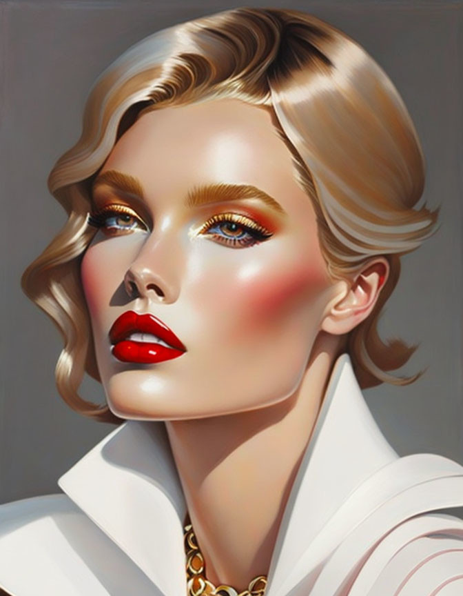 Blonde Woman with Red Lipstick and Gold Eyeshadow in White Outfit