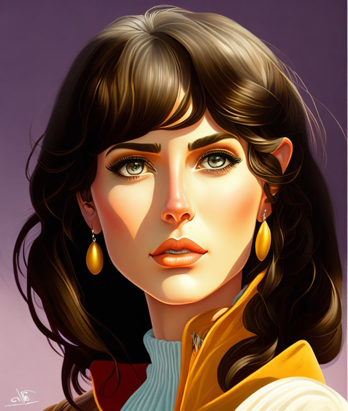 Portrait of woman with brown hair, green eyes, golden earrings, yellow coat, red top