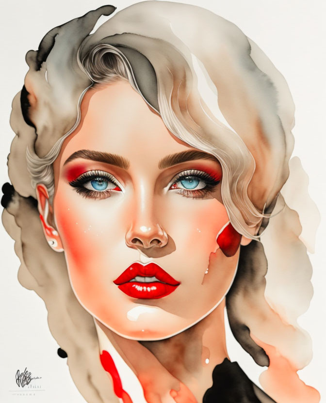 Illustrative portrait of a woman with blue eyes and red lips