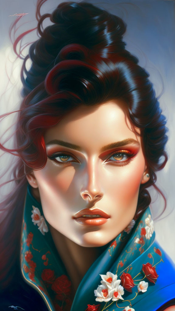 Stylized portrait of woman with flowing brunette hair and blue eyes