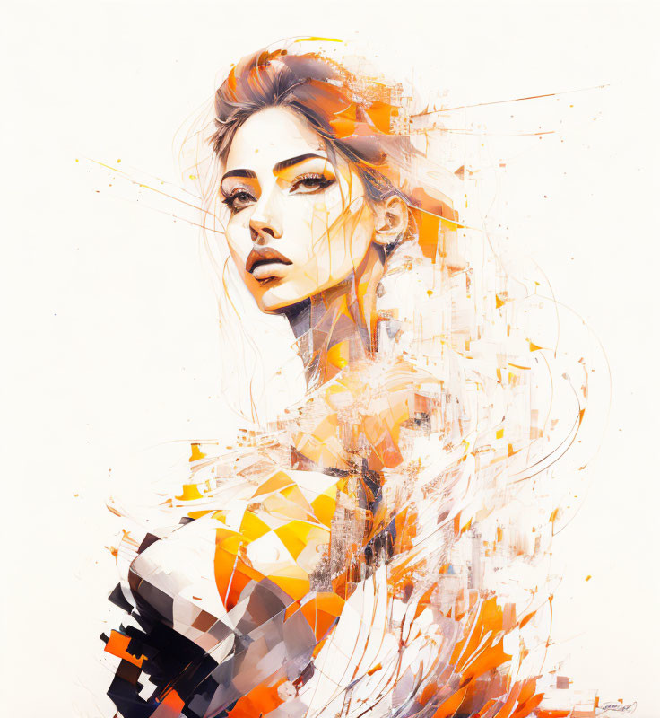 Abstract Woman Profile Art: Flowing Lines & Geometric Shapes in Orange, White, Black