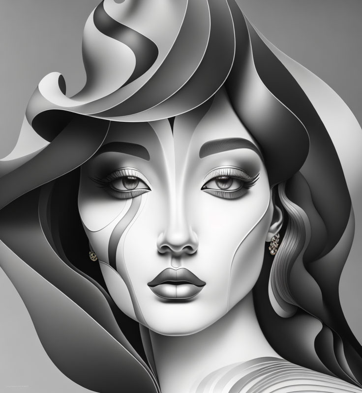 Stylized woman with flowing hair and elaborate makeup in monochromatic digital illustration