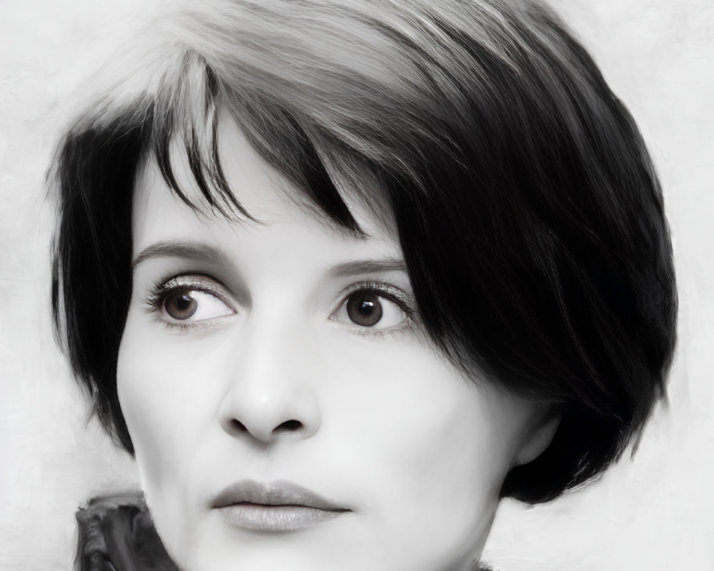 Digital painting: Woman with short black hair and fair skin, looking to the side on white background