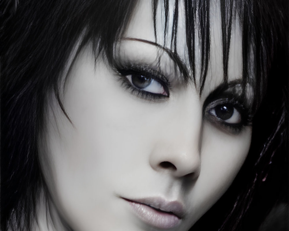 Striking makeup with pale skin, dark eye shadow, and intense gaze