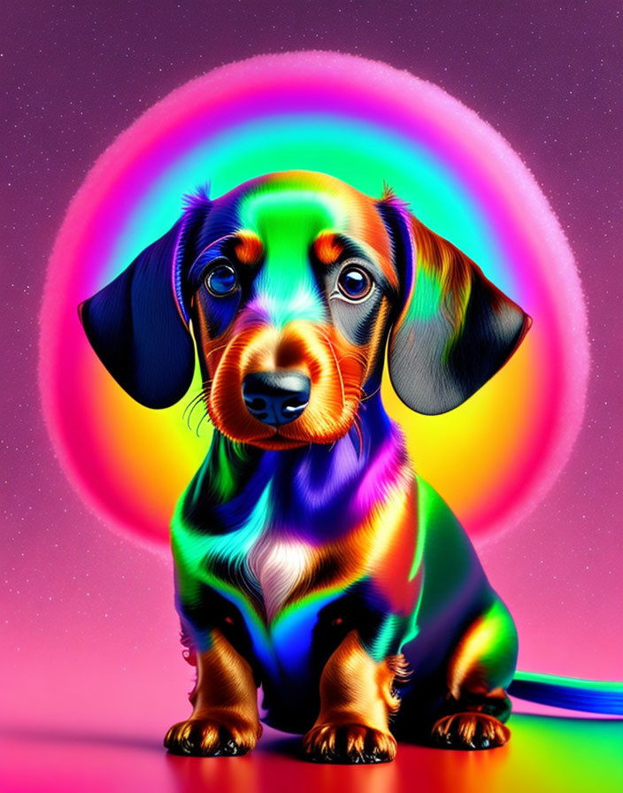 Vibrant neon rainbow dachshund puppy on pink background