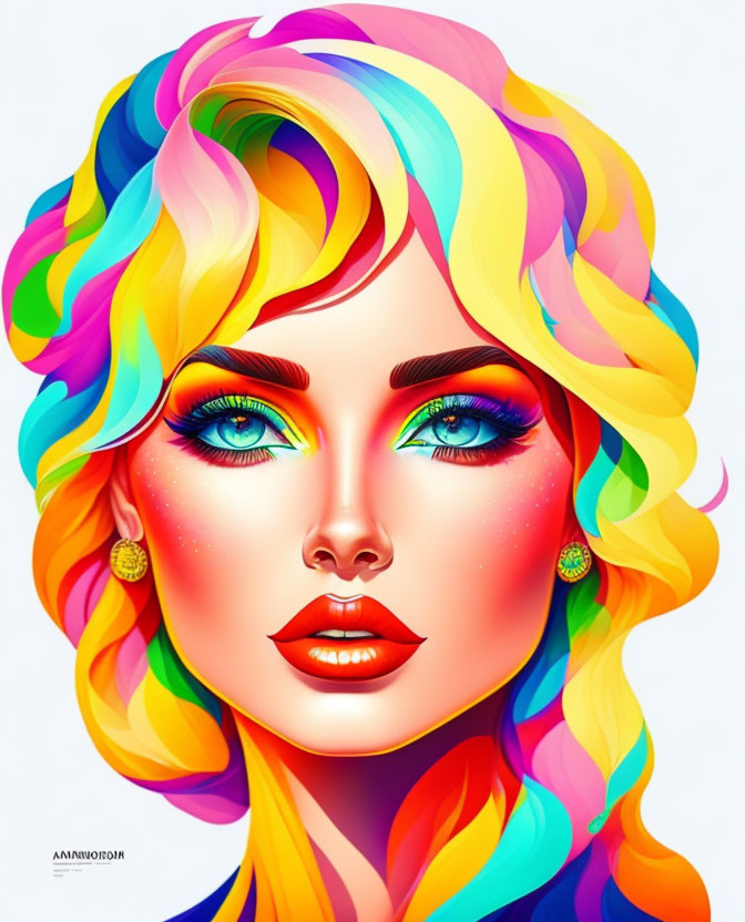 Colorful Woman Portrait with Rainbow Hair and Blue Eyes