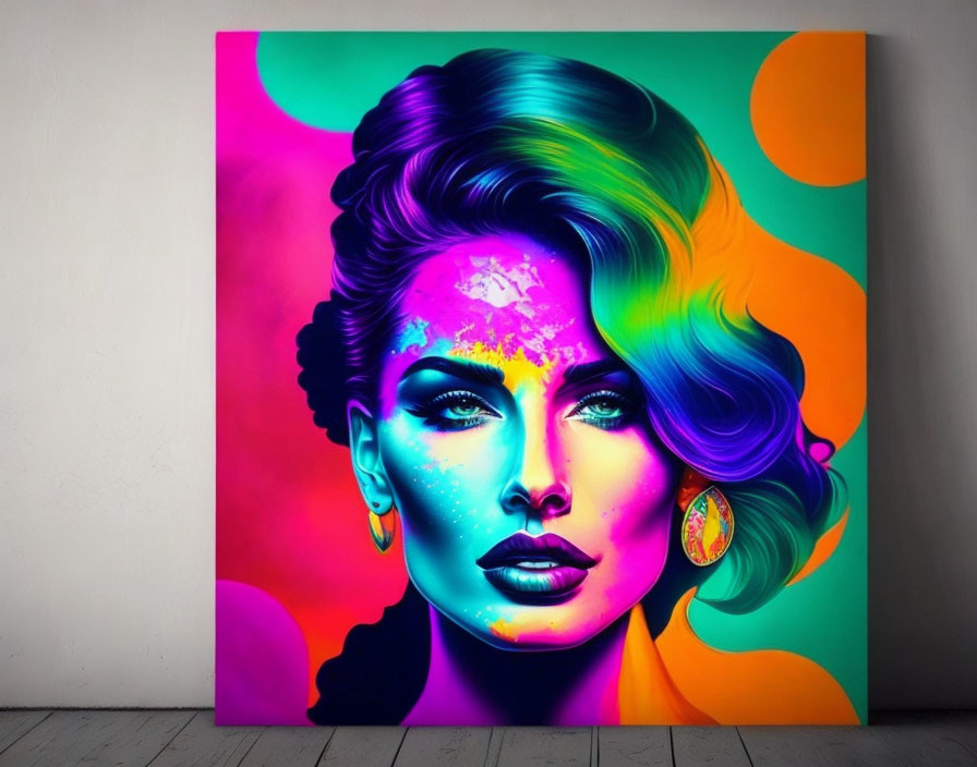 Colorful pop art portrait of a woman with vibrant hair and makeup on canvas